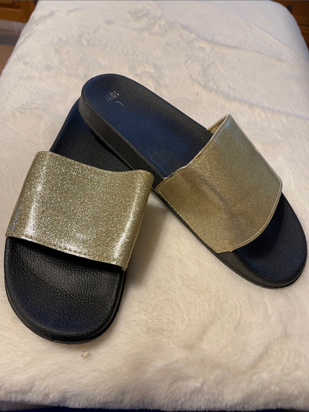 Glitter Strap Slide Sandals in Gold for Women